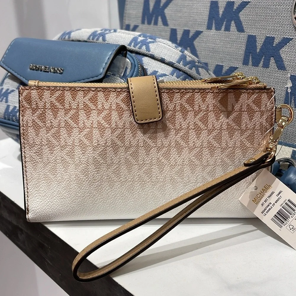 MICHAEL KORS Jet Set Large Ombré Logo Double-Zip Wristlet-Wallet-Phone Case NWT